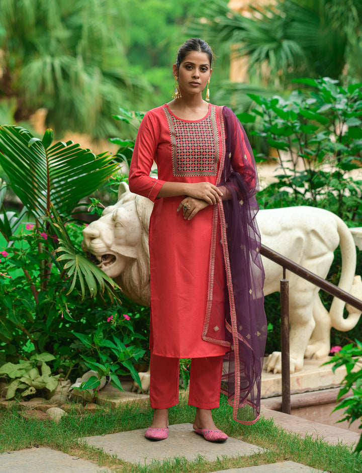 Elegant Readymade Suit | Cotton Blend with Designer Embroidery & Net Dupatta