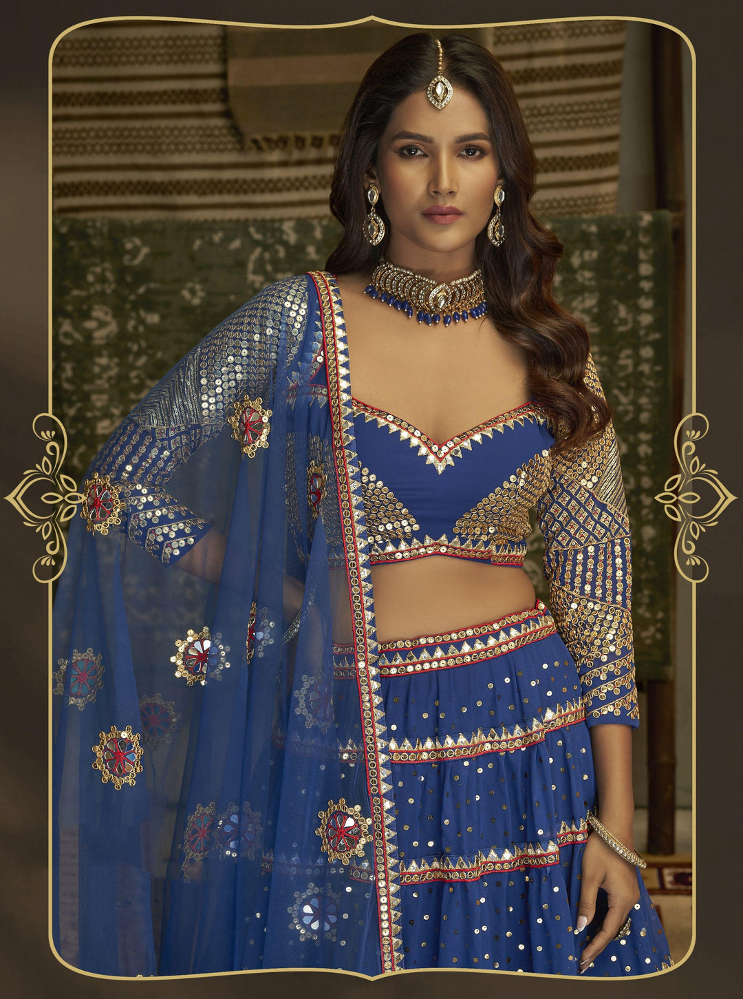 Blue Georgette Lehenga Choli Thread, Sequins & Mirror Embroidery | Party Wear