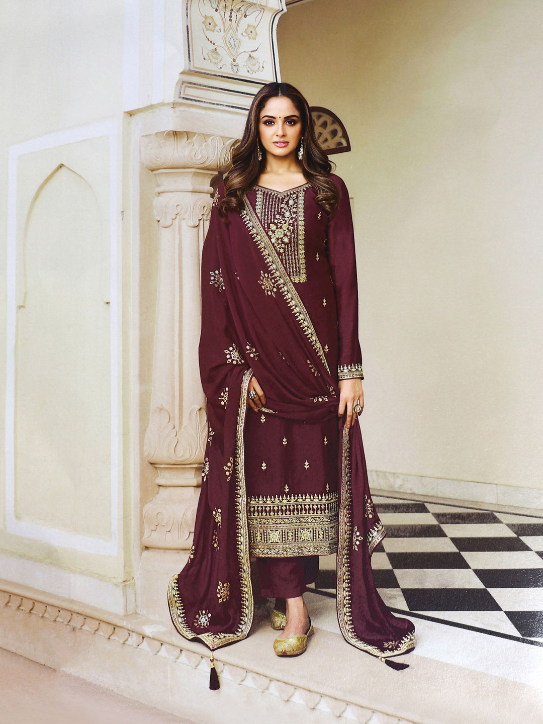 Wine Dola Silk Suit | Heavy Designer Embroidery with Santoon Bottom and Dupatta