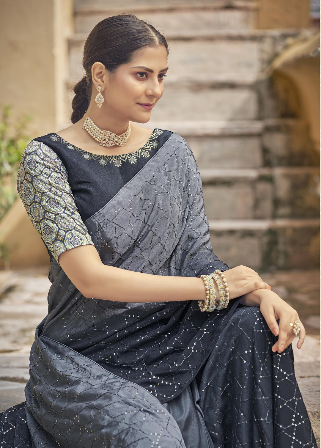 Charming Chinon Saree with | Crafted for Timeless Elegance