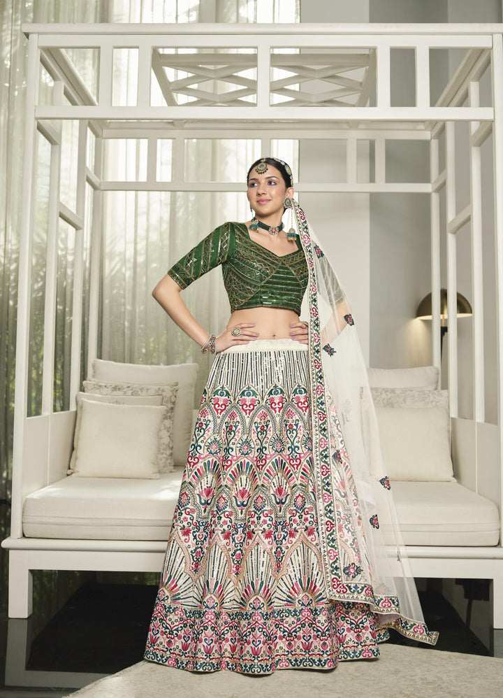 Green and White Silk Lehenga Choli Thread & Sequins Embroidery | Wedding Wear