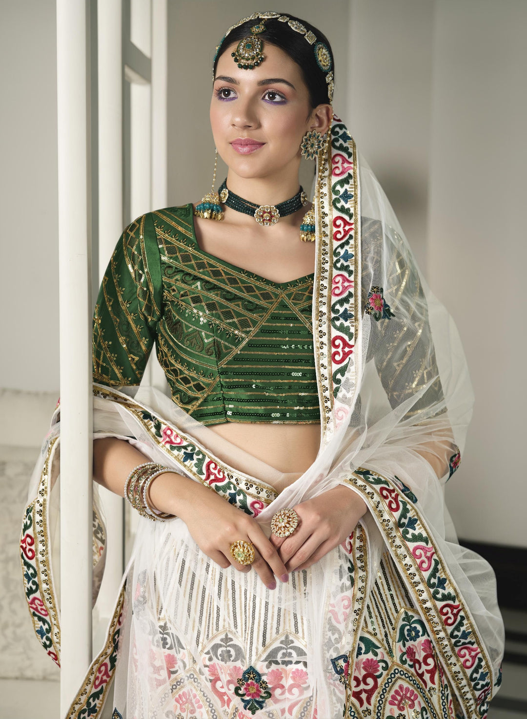 Green and White Silk Lehenga Choli Thread & Sequins Embroidery | Wedding Wear