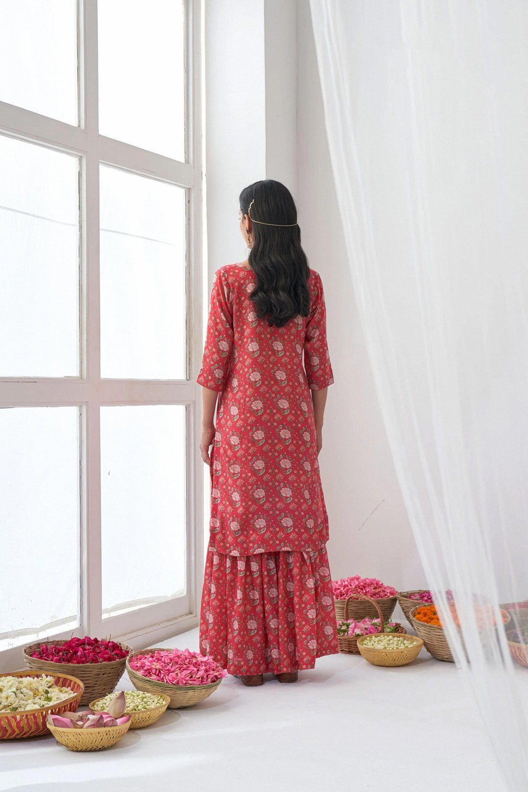 Floral Printed Sharara | Muslin Top and Bottom with Nazmeen Dupatta