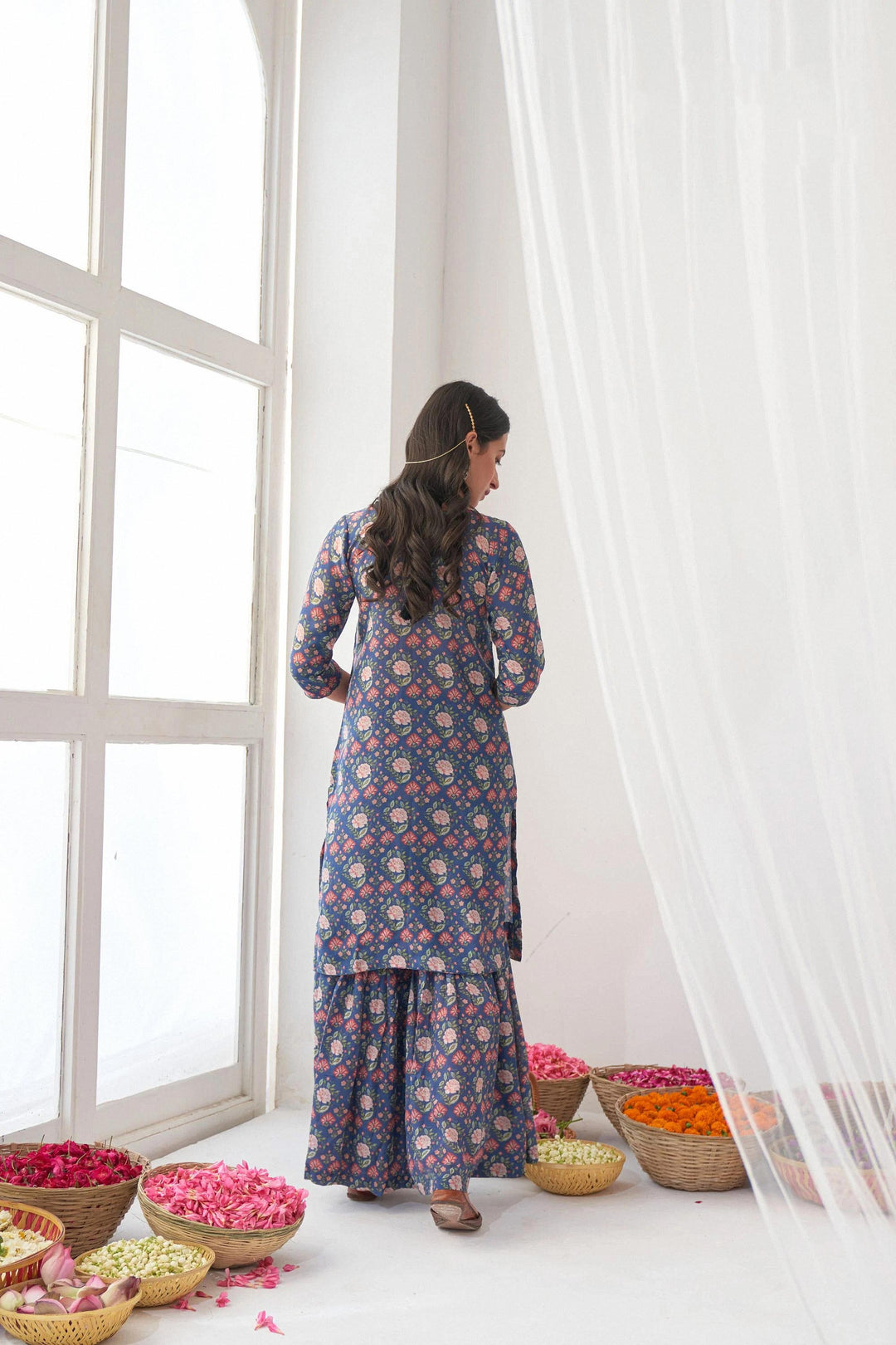 Floral Printed Sharara | Muslin Top and Bottom with Nazmeen Dupatta