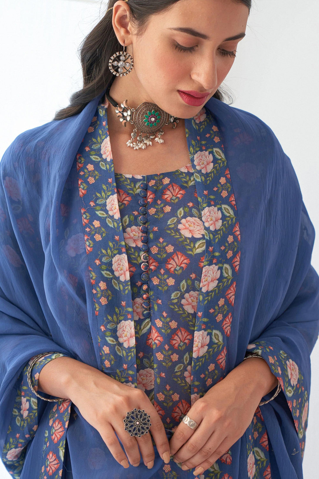 Floral Printed Sharara | Muslin Top and Bottom with Nazmeen Dupatta