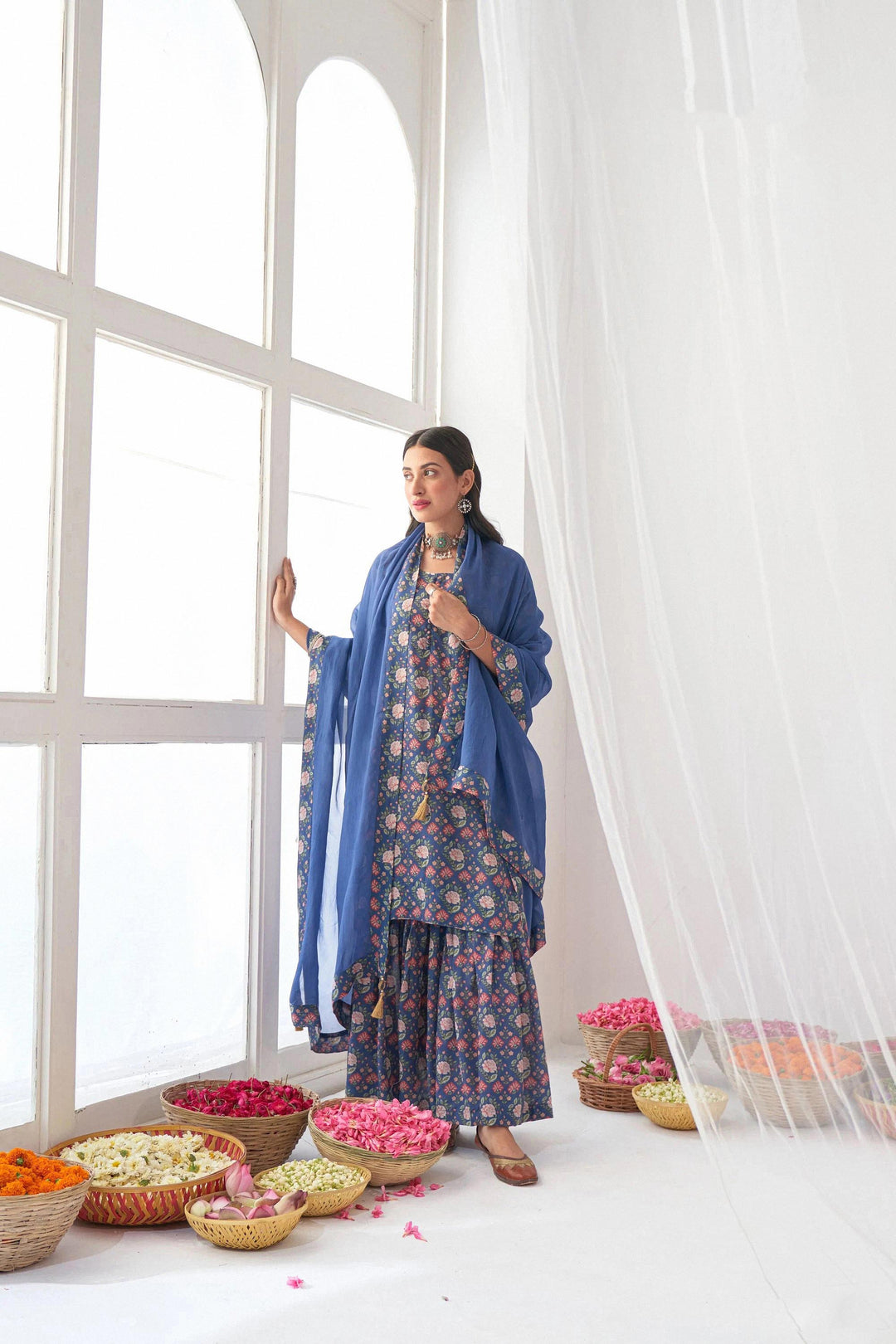 Floral Printed Sharara | Muslin Top and Bottom with Nazmeen Dupatta