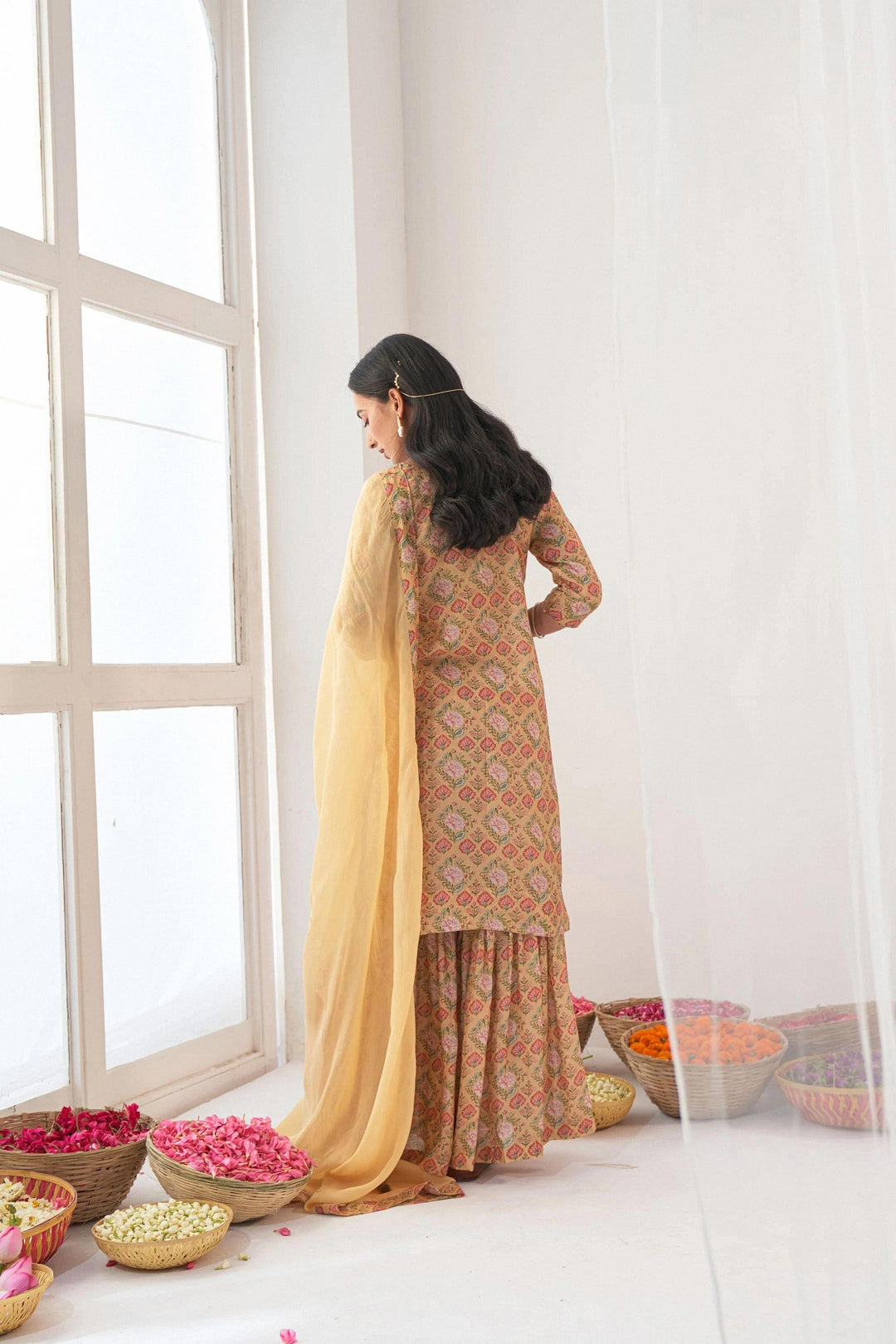 Floral Printed Sharara | Muslin Top and Bottom with Nazmeen Dupatta