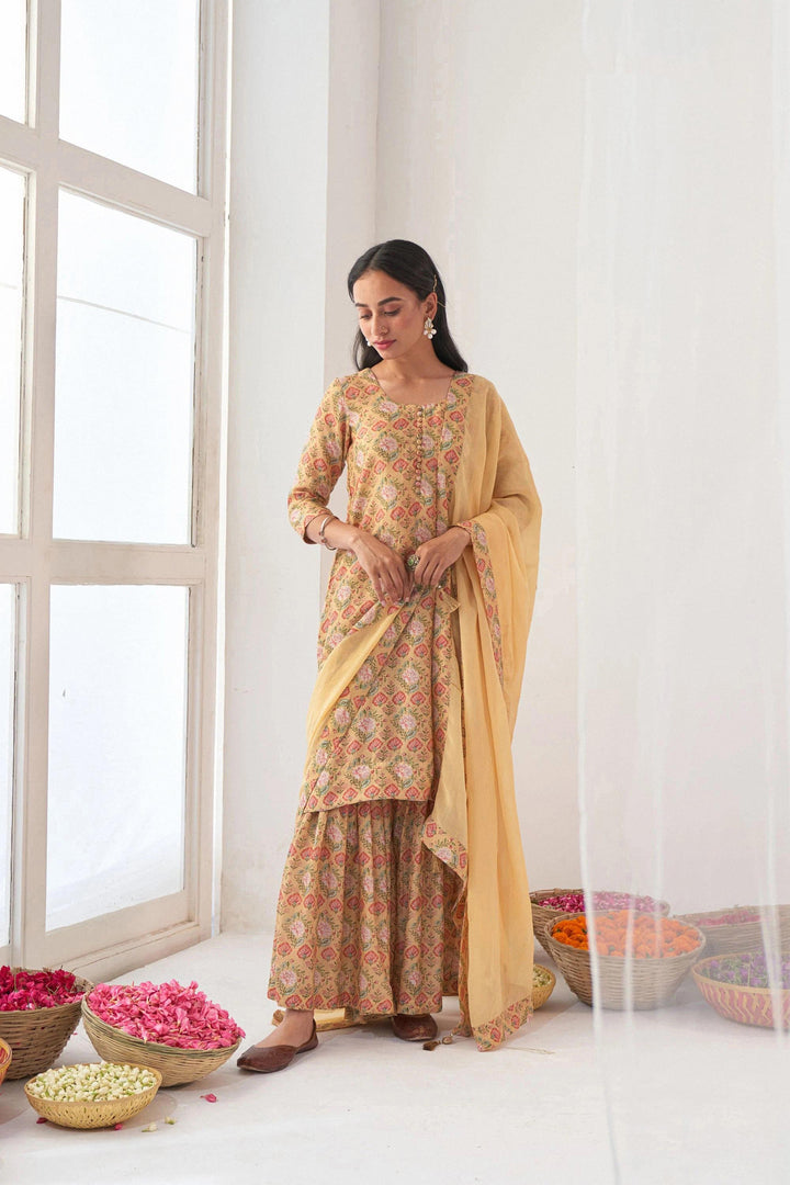 Floral Printed Sharara | Muslin Top and Bottom with Nazmeen Dupatta