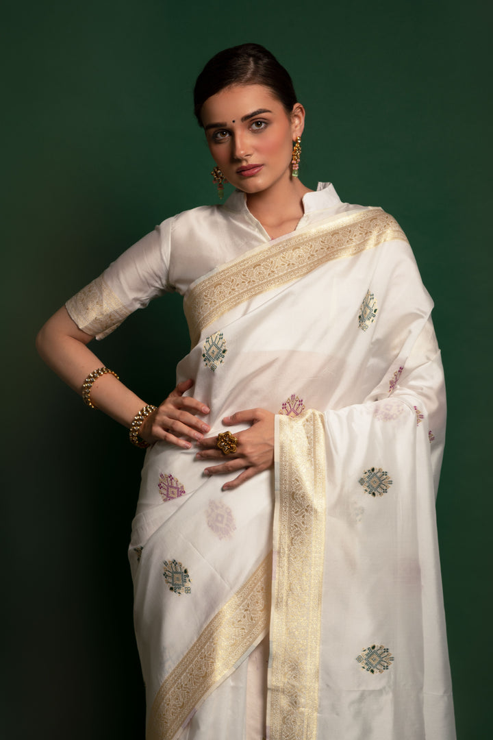 Gorgeous White Silk Saree with White Blouse | A Stylish and Sophisticated Choice