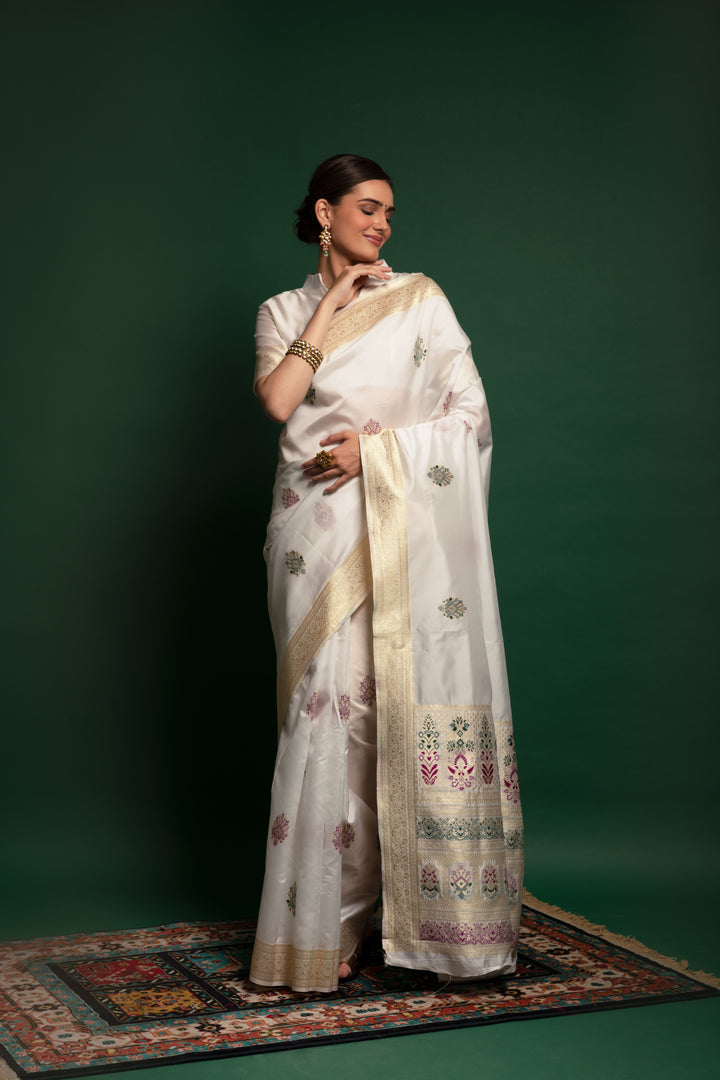 Gorgeous White Silk Saree with White Blouse | A Stylish and Sophisticated Choice