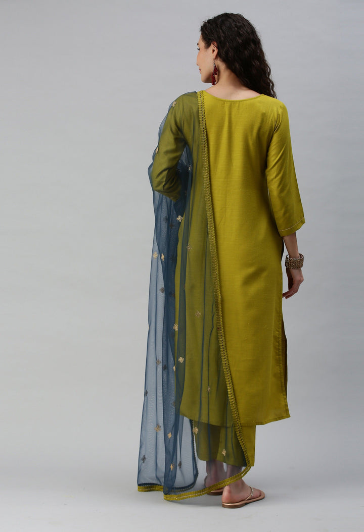 Lemon Cotton Blend Suit | Designer Embroidery with Net Dupatta