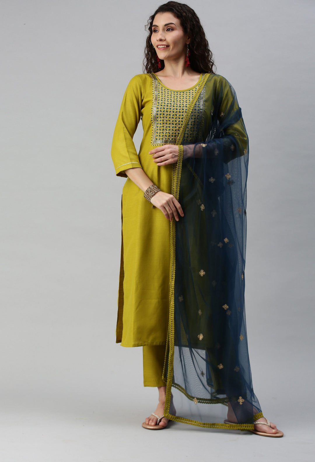 Lemon Cotton Blend Suit | Designer Embroidery with Net Dupatta