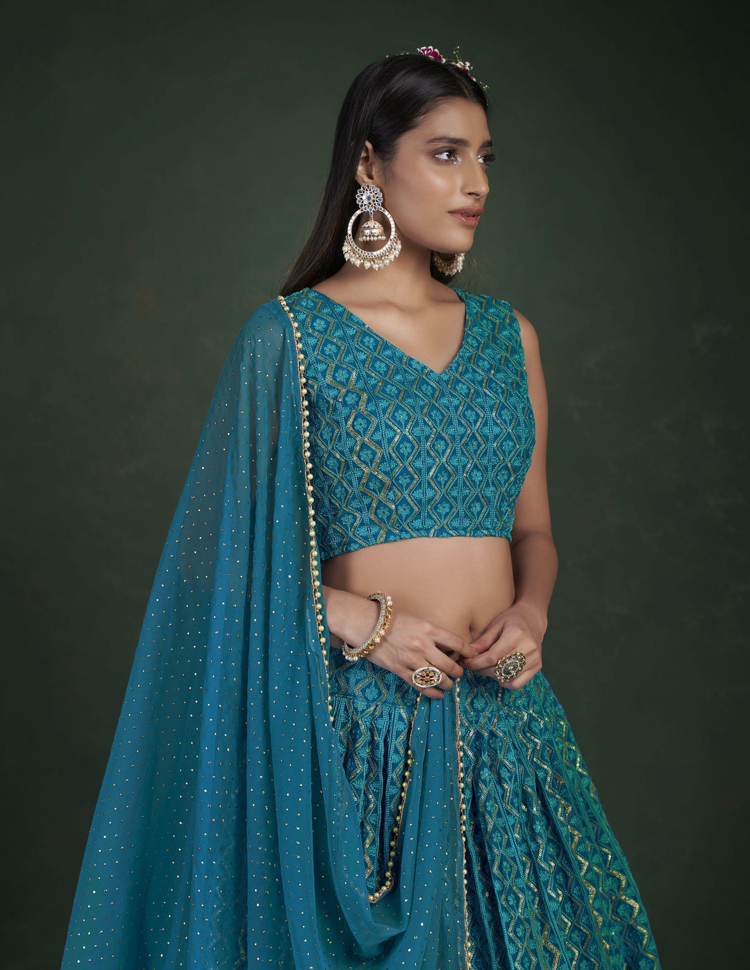 Teal Blue Georgette Lehenga Choli | Jari Embroidery Work Wedding Wear