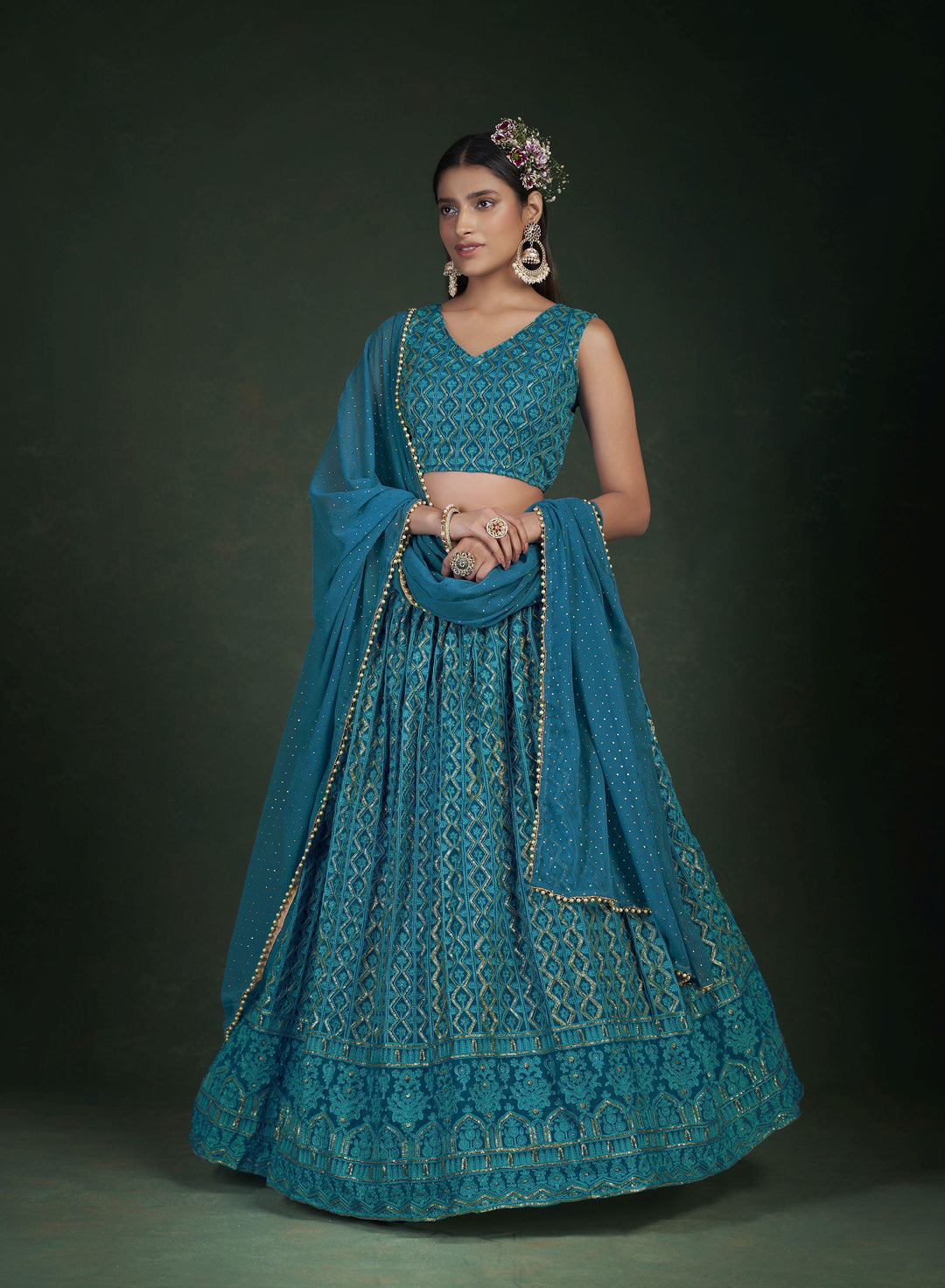 Teal Blue Georgette Lehenga Choli | Jari Embroidery Work Wedding Wear