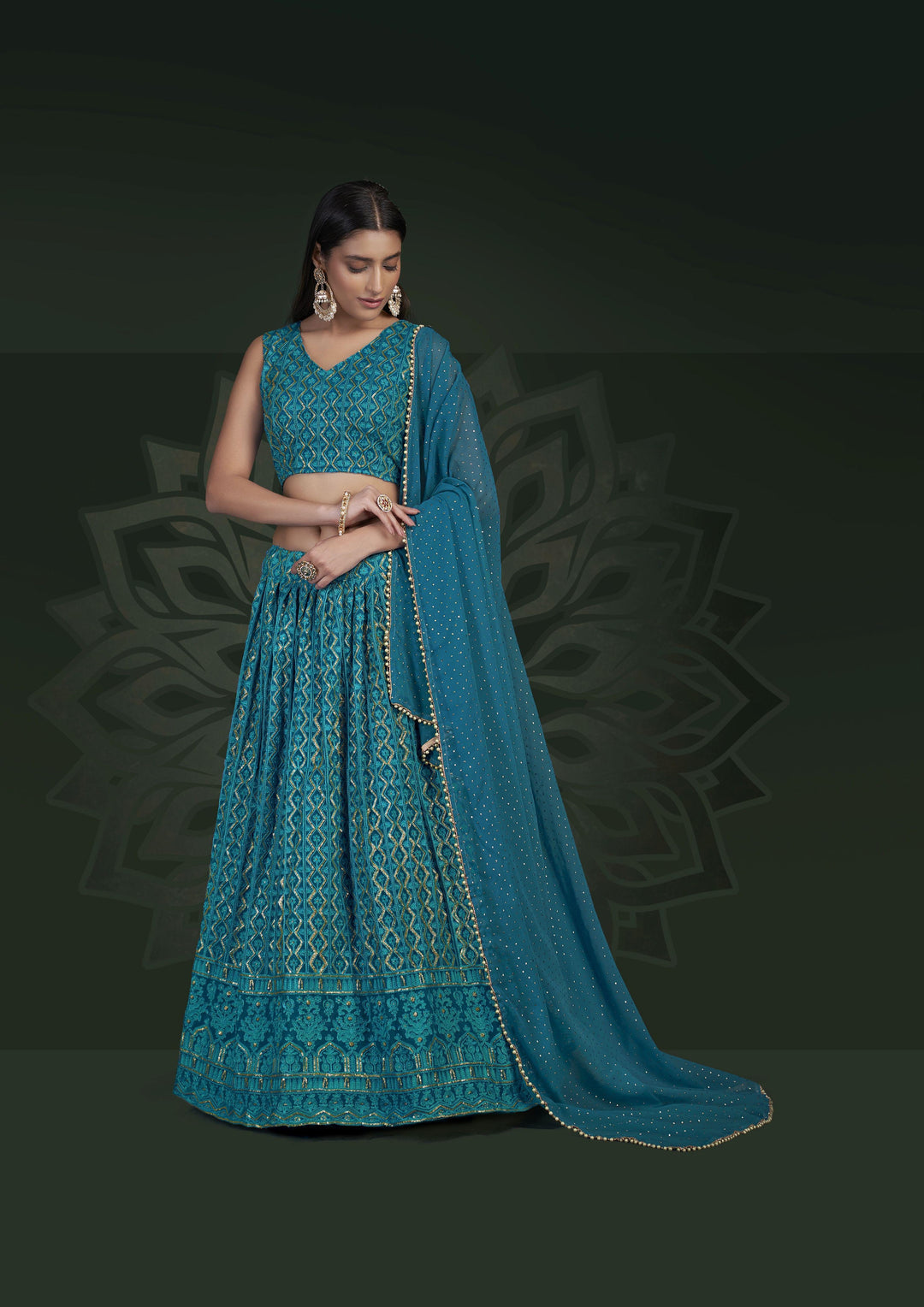 Teal Blue Georgette Lehenga Choli | Jari Embroidery Work Wedding Wear