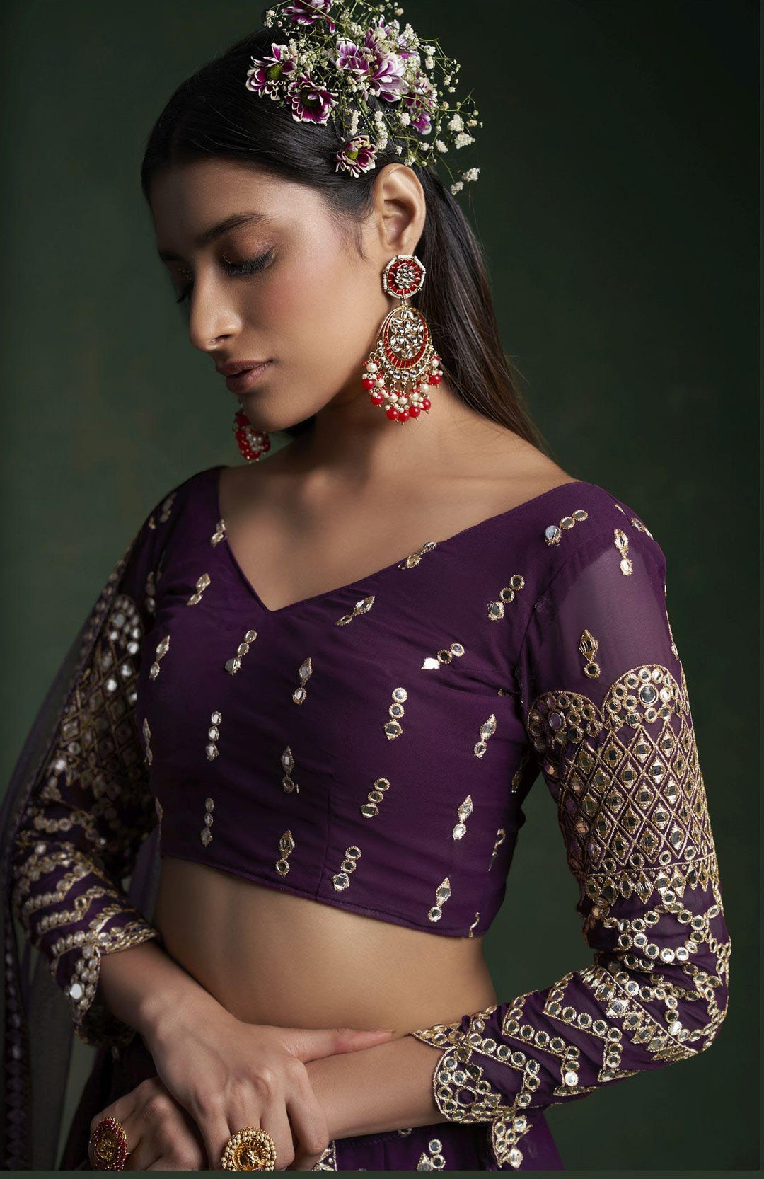 Designer Wine Georgette Lehenga Choli | Jari & Gota Embroidery Wedding Wear