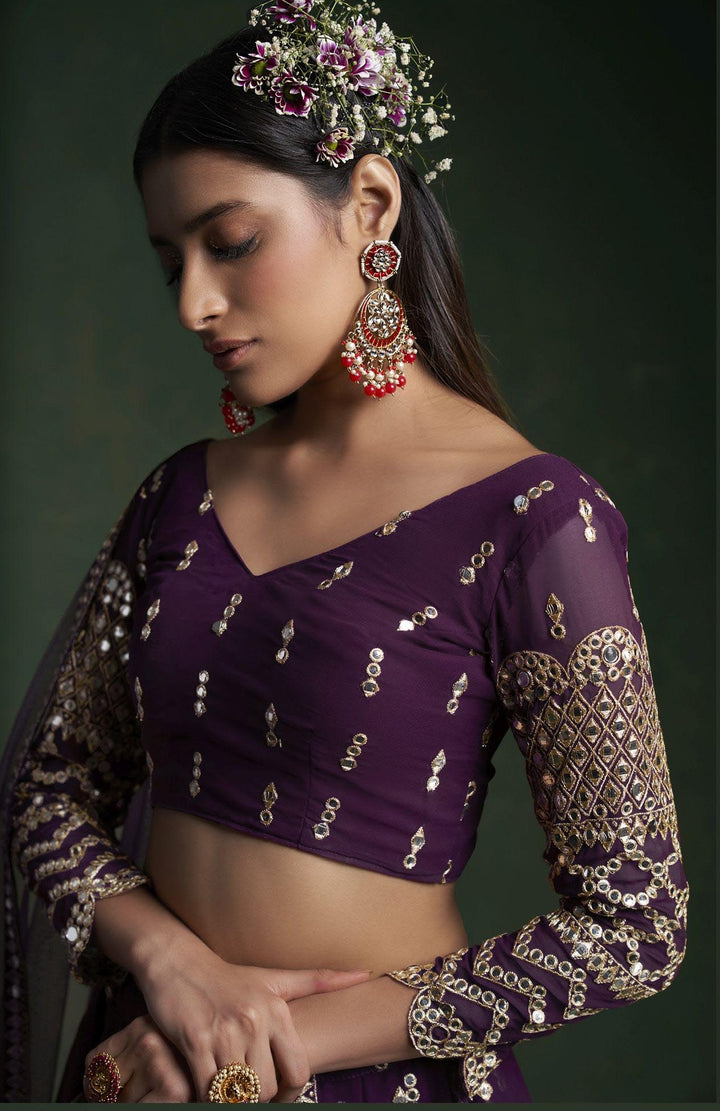 Designer Wine Georgette Lehenga Choli | Jari & Gota Embroidery Wedding Wear