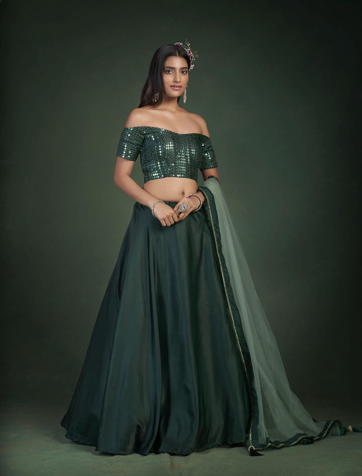 Dark Green Tafetta Silk Lehenga Choli Sequins Embroidery | Wedding Wear