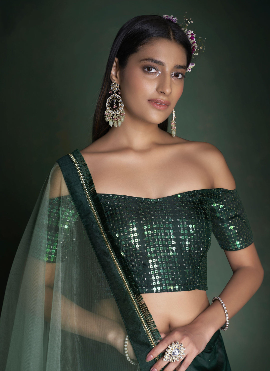 Dark Green Tafetta Silk Lehenga Choli Sequins Embroidery | Wedding Wear