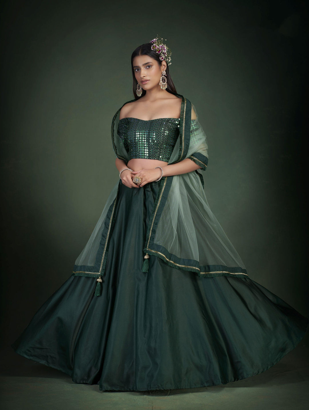 Dark Green Tafetta Silk Lehenga Choli Sequins Embroidery | Wedding Wear