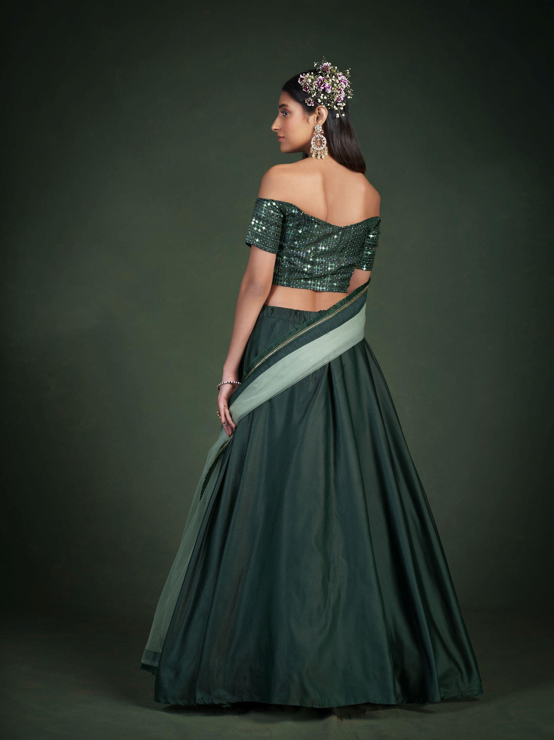 Dark Green Tafetta Silk Lehenga Choli Sequins Embroidery | Wedding Wear