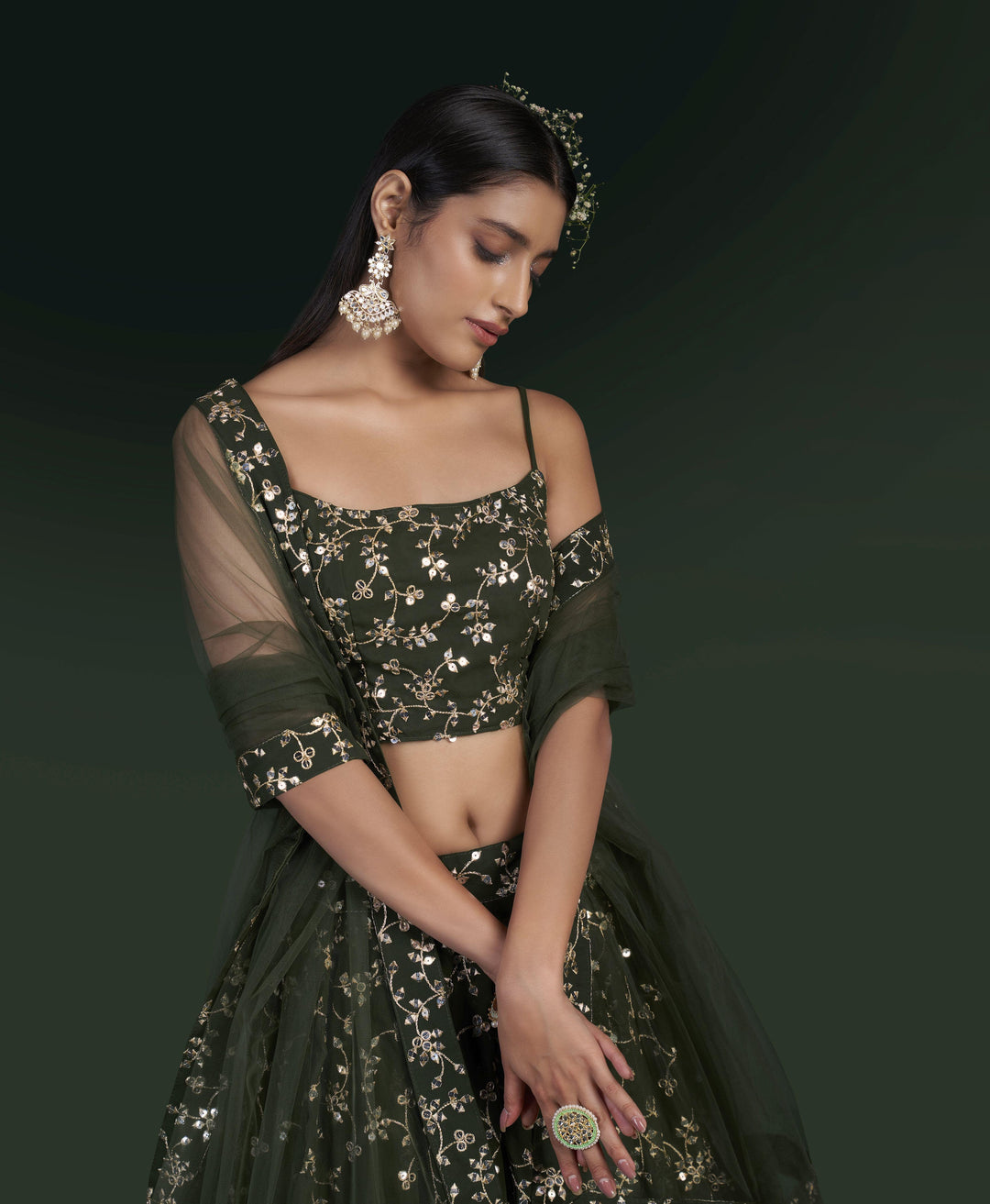 Olive Green Georgette Lehenga Choli Jari & Sequins Embroidery | Wedding Wear