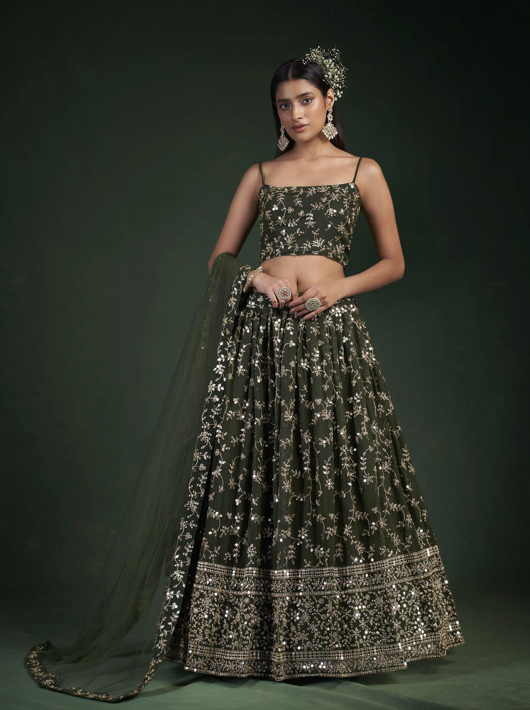 Olive Green Georgette Lehenga Choli Jari & Sequins Embroidery | Wedding Wear