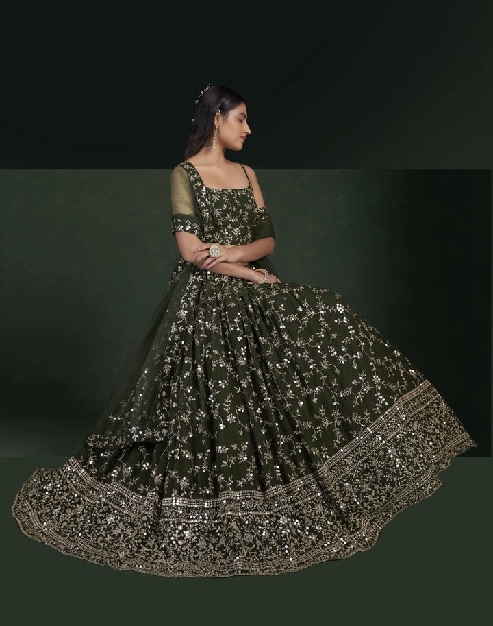 Olive Green Georgette Lehenga Choli Jari & Sequins Embroidery | Wedding Wear