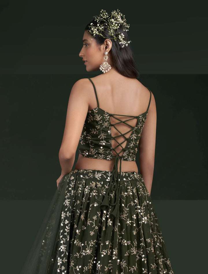 Olive Green Georgette Lehenga Choli Jari & Sequins Embroidery | Wedding Wear