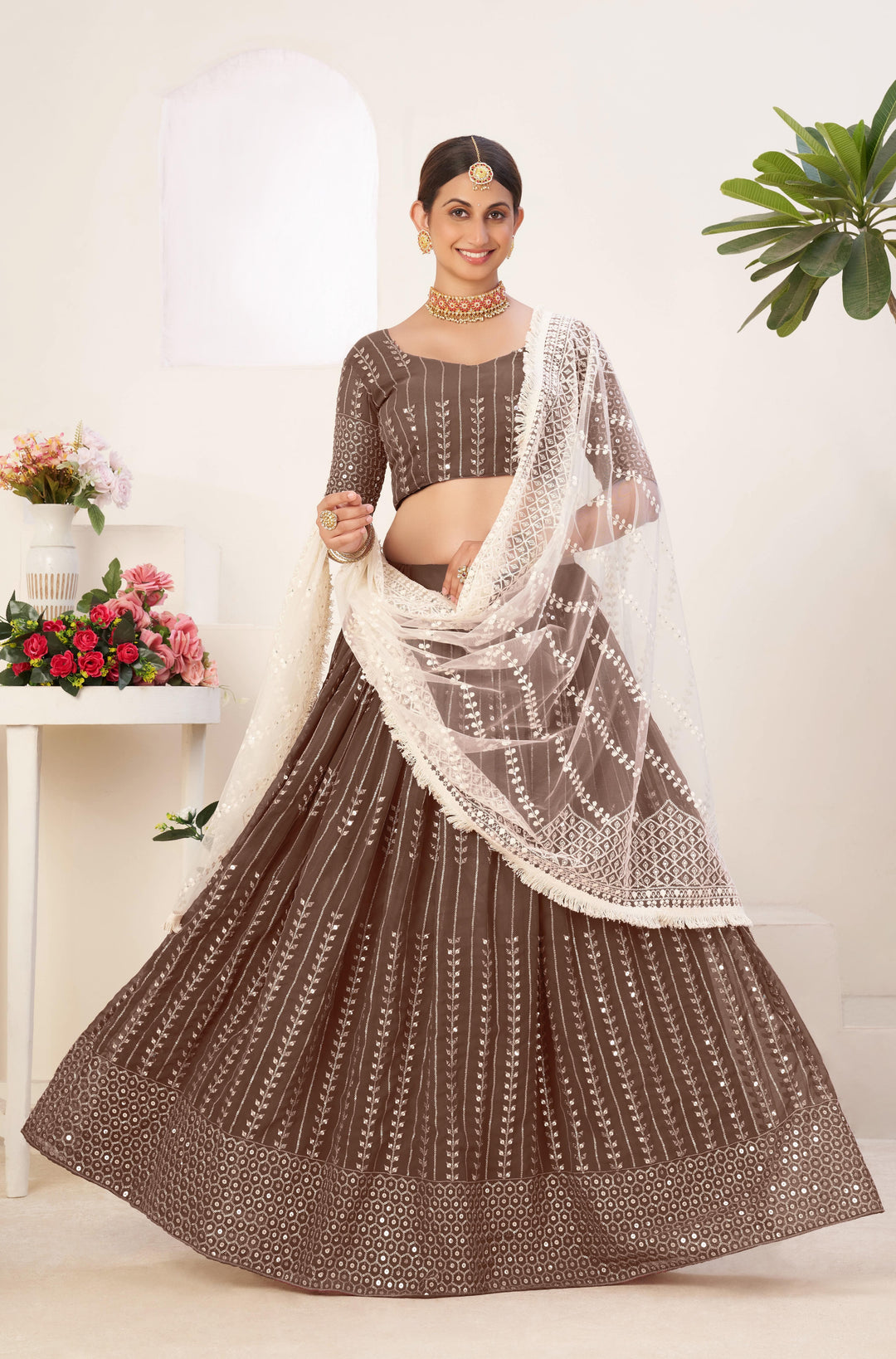 Designer Georgette Lehenga Choli with Net Dupatta | Sequins & Thread Embroidery