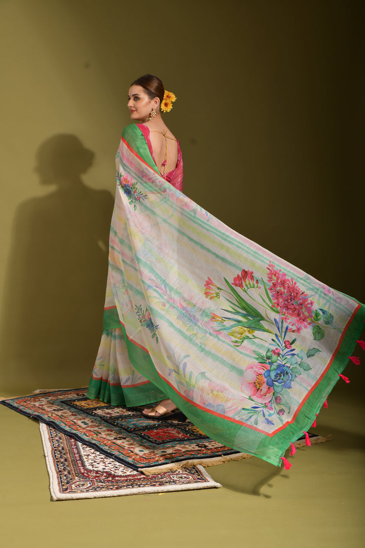 Linen Digital-Printed Saree | Elegant Wedding Wear | Festive Traditional Attire | Special Event Saree | Stylish Linen Fabric | Unique Design for Occasions | Comfortable & Chic