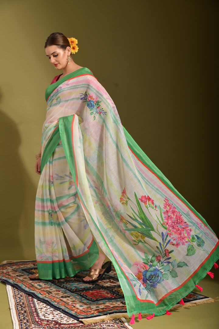 Stylish Linen Digital-Printed Saree | Elegant Wedding & Special Event Traditional Wear