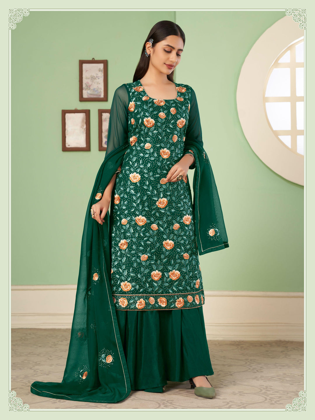 Designer Georgette Palazzo Suit | Multy Thread & Sequins Embroidery with Dupatta