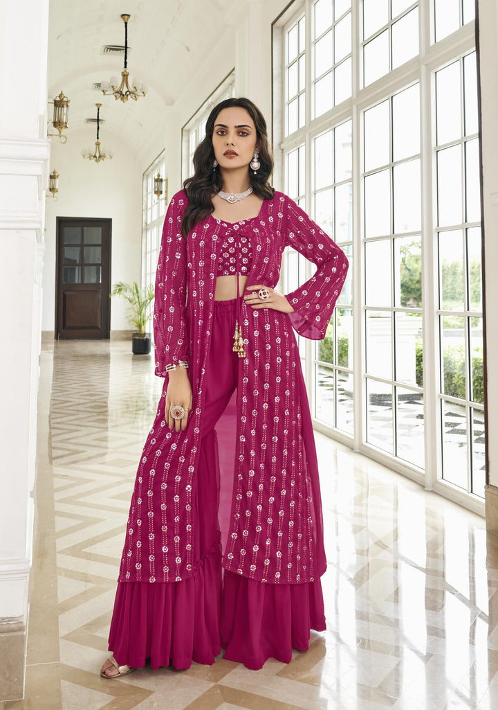 Partywear Faux Georgette Sharara Suit | Sequins Embroidered Jacket and Bottom