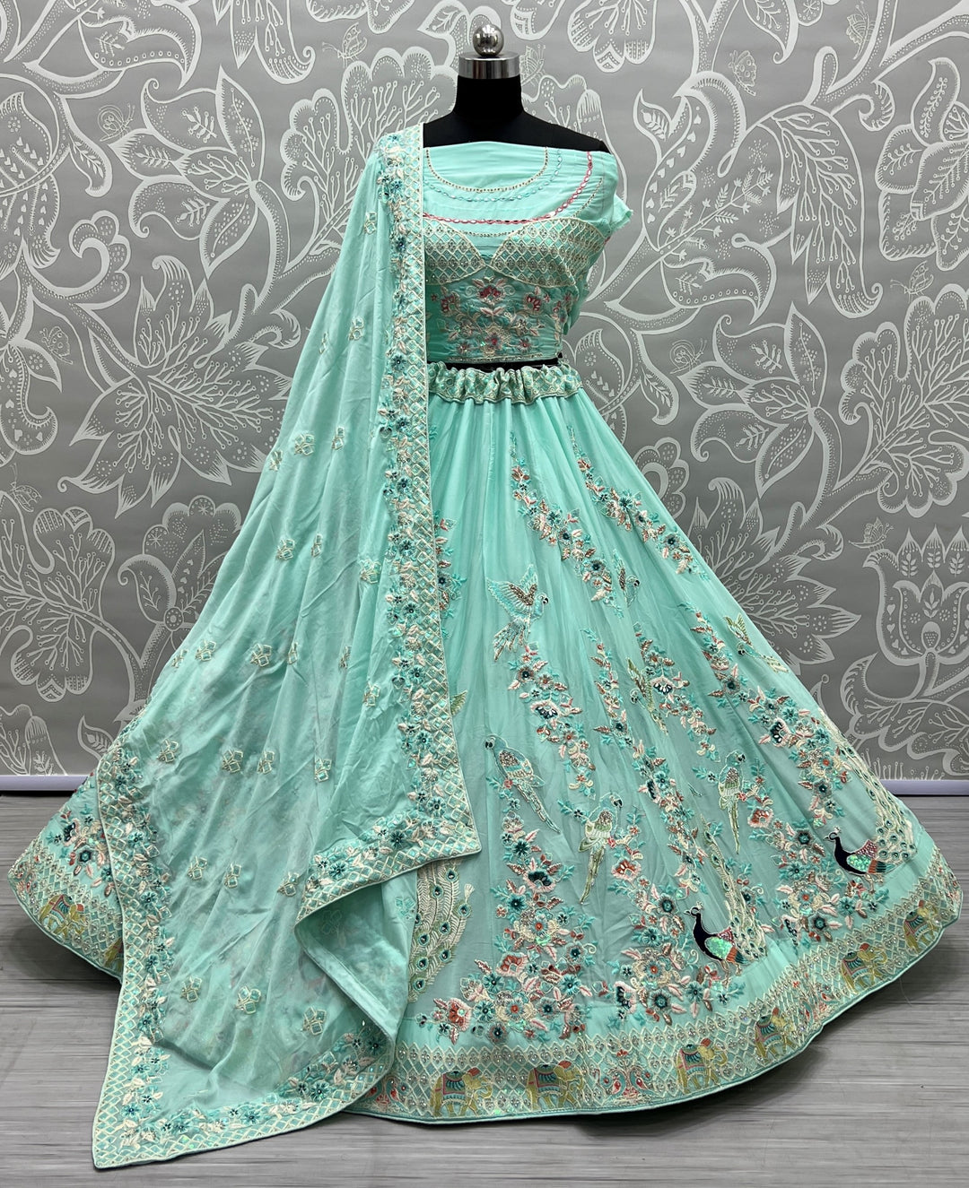 Sky Blue Cotton Silk Lehenga Choli with Multy Thread & Diamond Work | Designer Look