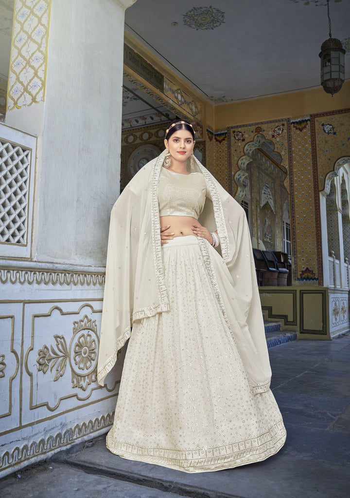 Georgette Off White Lehenga Choli with Thread & Sequins Embroidery | Wedding Wear