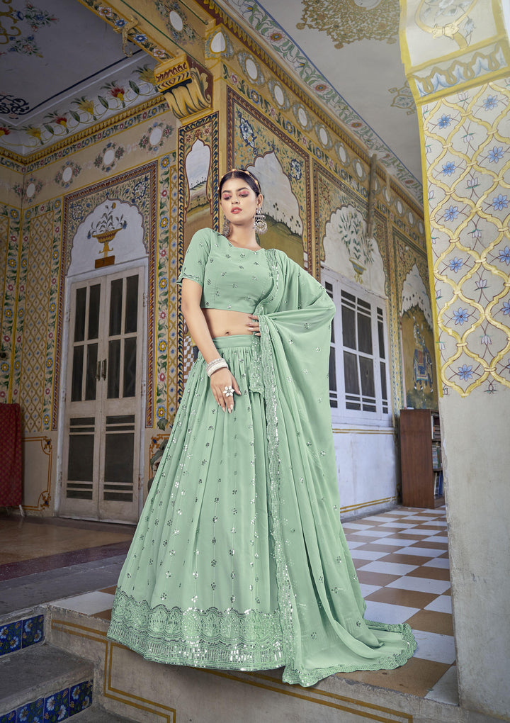 Pista Green Georgette Lehenga Choli with Sequins & Thread Embroidery | Wedding Wear