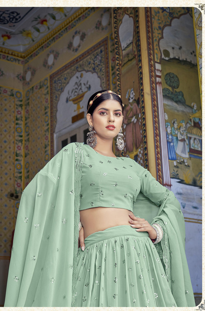 Pista Green Georgette Lehenga Choli with Sequins & Thread Embroidery | Wedding Wear