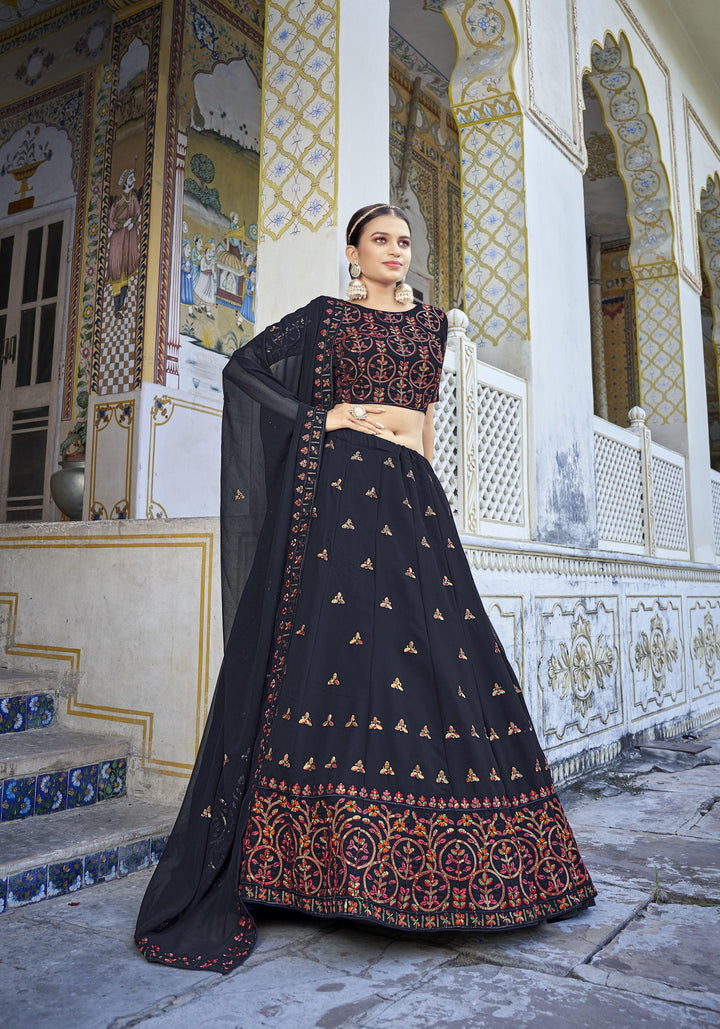 Navy Blue Georgette Lehenga Choli with Sequins & Thread Embroidery | Wedding Wear