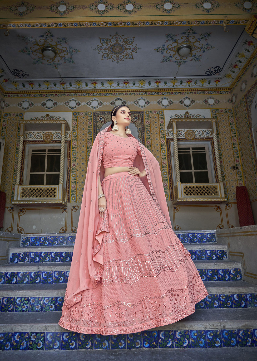 Pink Georgette Lehenga Choli with Sequins & Thread Embroidery | Wedding Wear