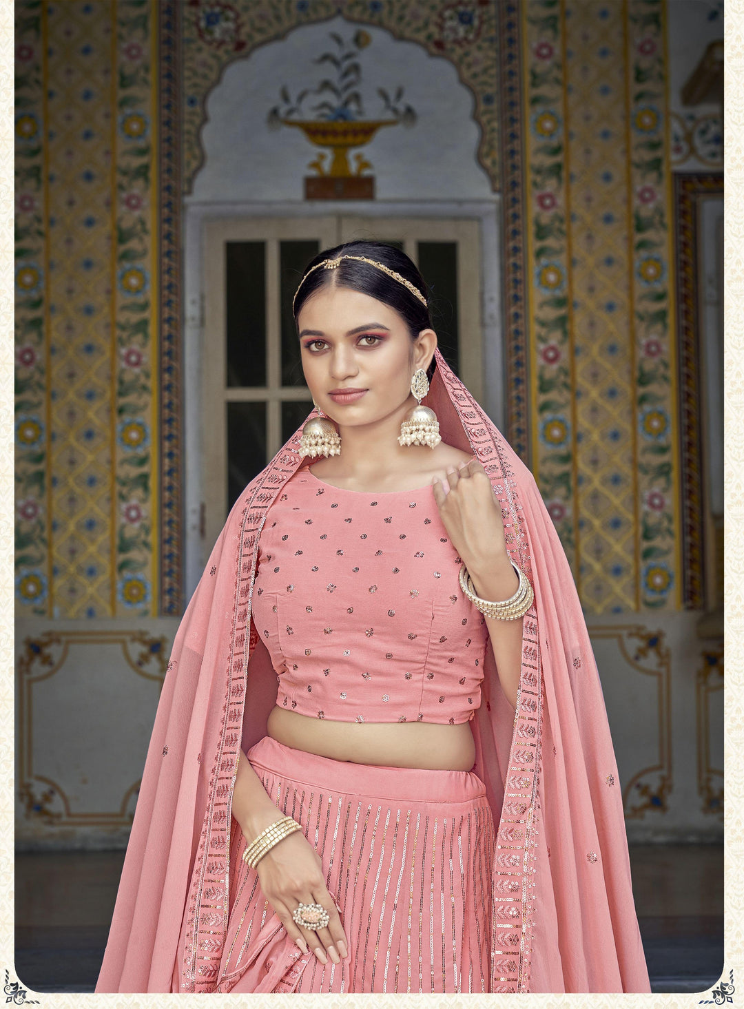 Pink Georgette Lehenga Choli with Sequins & Thread Embroidery | Wedding Wear