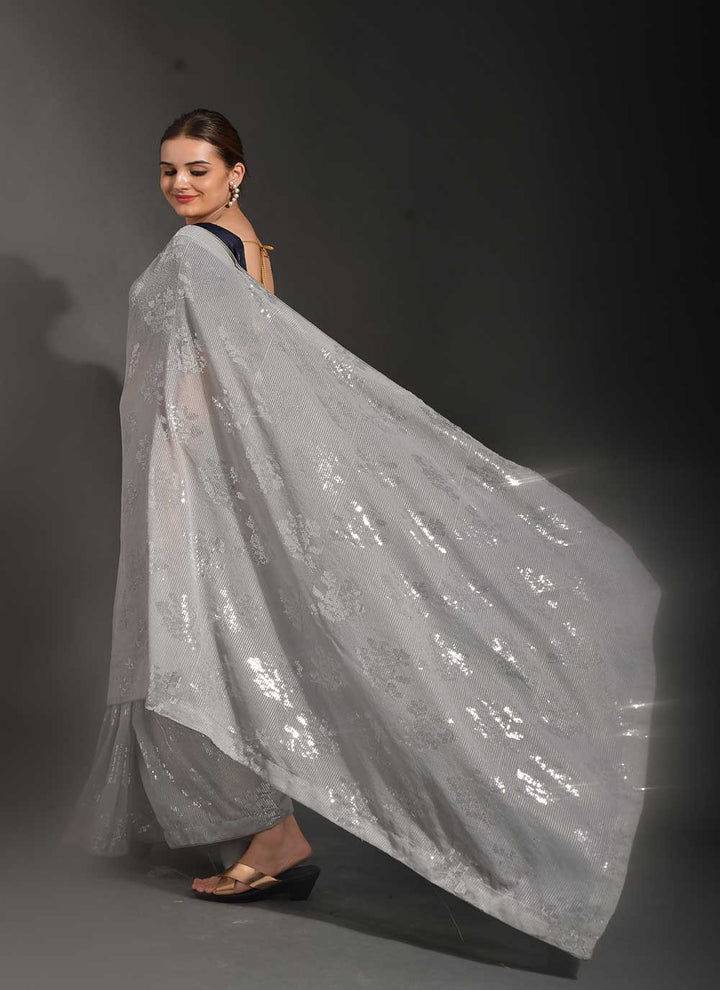 Luxurious Gray Georgette Saree with Blue Blouse | Elegance Redefined for Weddings