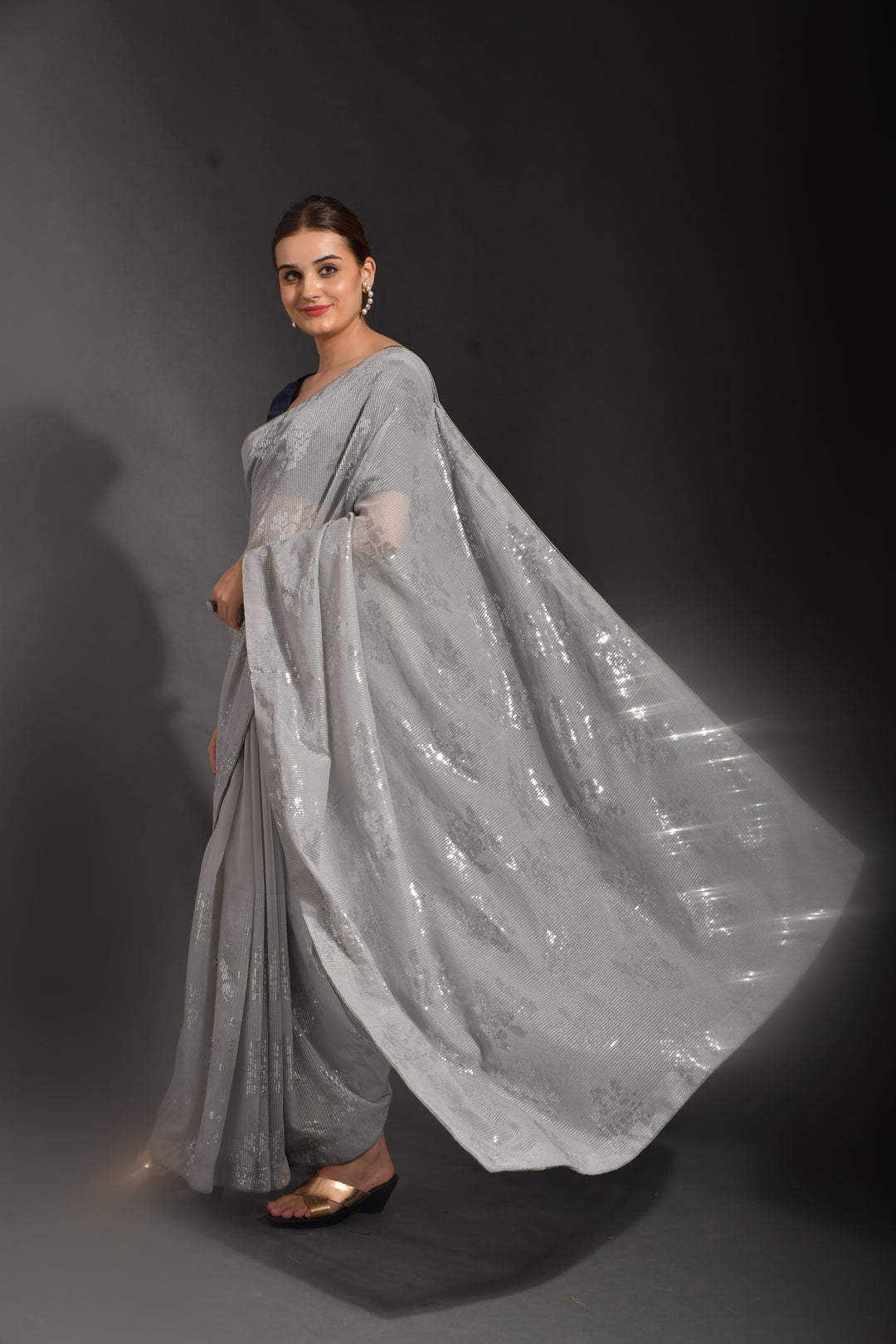 Luxurious Gray Georgette Saree with Blue Blouse | Elegance Redefined for Weddings