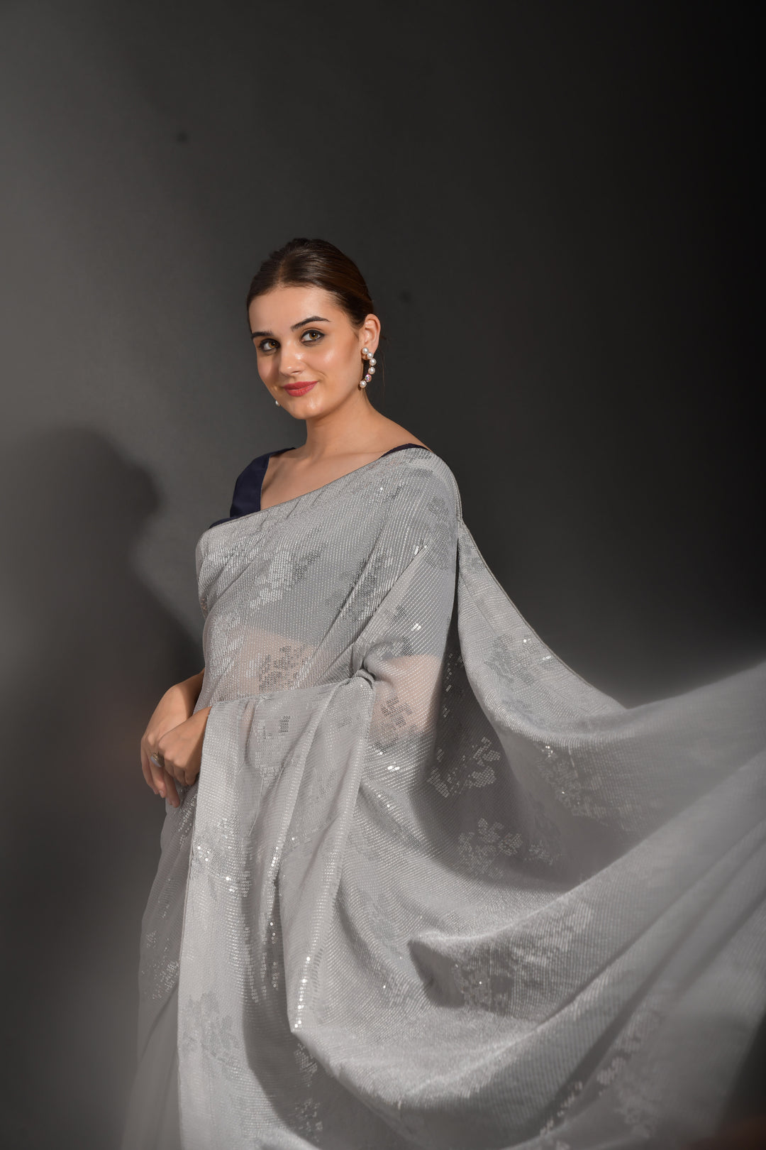 Luxurious Gray Georgette Saree with Blue Blouse | Elegance Redefined for Weddings