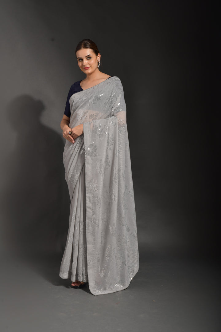 Luxurious Gray Georgette Saree with Blue Blouse | Elegance Redefined for Weddings