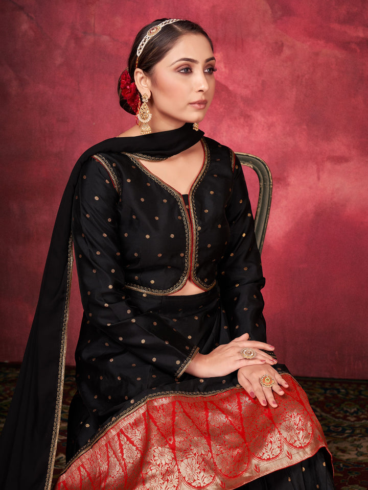 Stylish Black Plazzo Suit set | Art Silk Top, Georgette Dupatta & Wevon Design