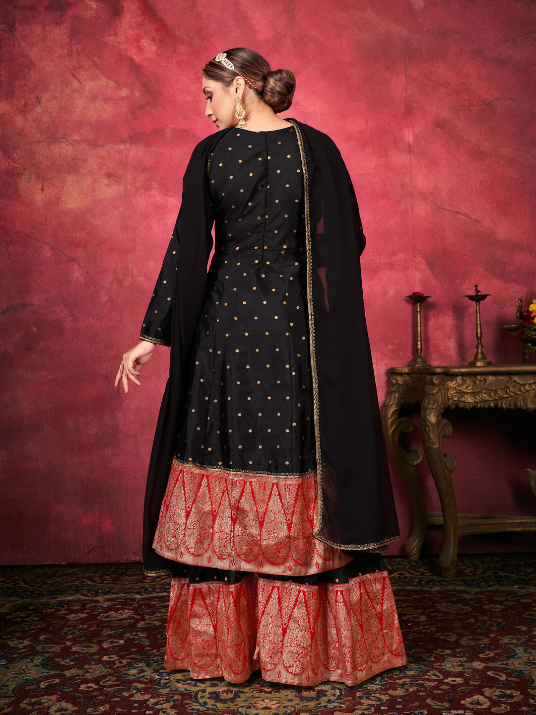 Stylish Black Plazzo Suit set | Art Silk Top, Georgette Dupatta & Wevon Design