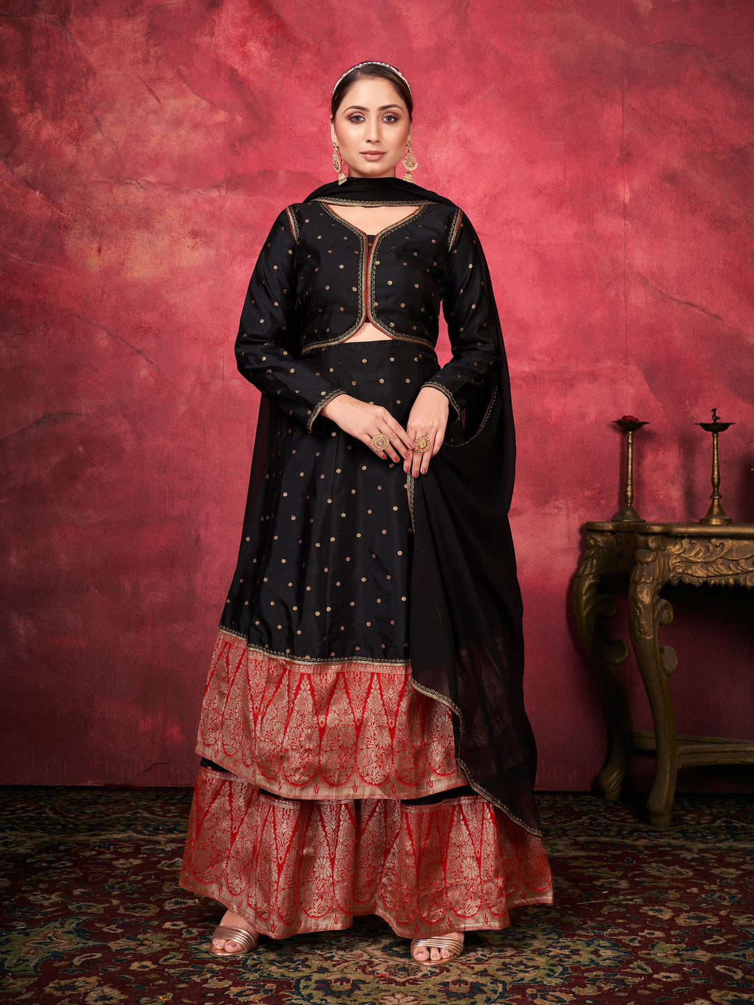 Stylish Black Plazzo Suit set | Art Silk Top, Georgette Dupatta & Wevon Design