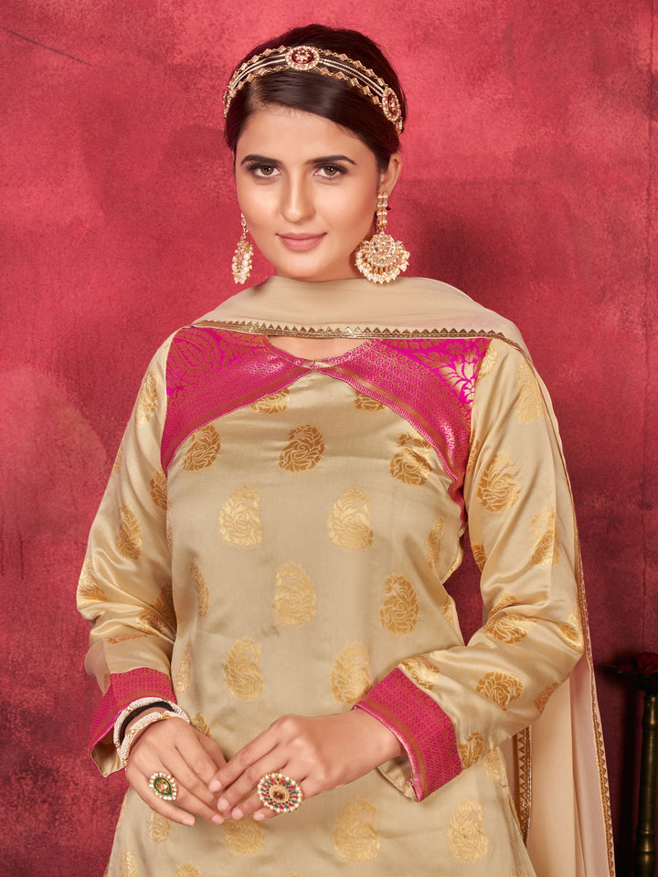 Beige Plazzo Suit Set | Art Silk Top & Bottom with Georgette Dupatta