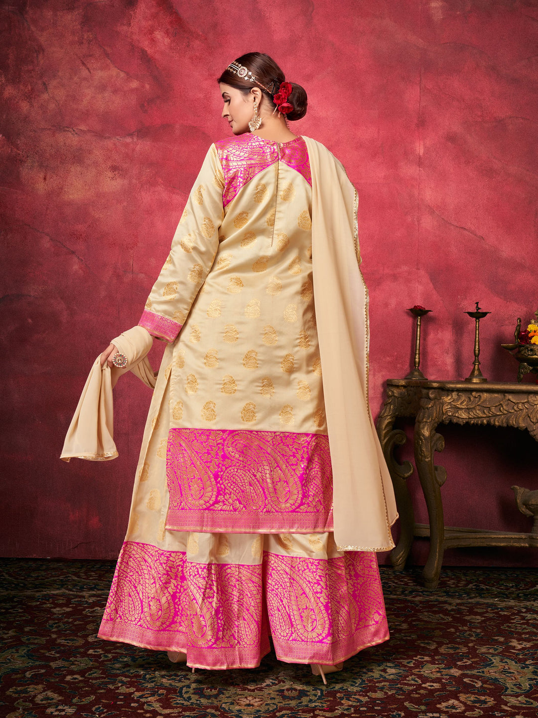 Beige Plazzo Suit Set | Art Silk Top & Bottom with Georgette Dupatta